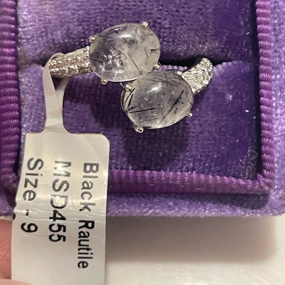Imported 925 Genuine Natural Black Rutile Cabochon Crossover Ring Sz9 NWT - Picture 3 of 3